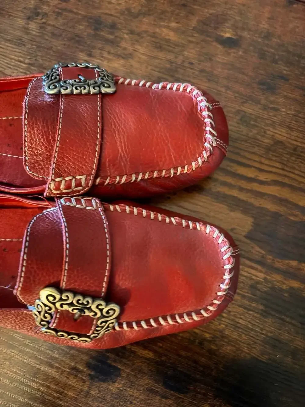 Bare Traps Pixy Red Leather Slip-On Loafers with Decorative Buckle